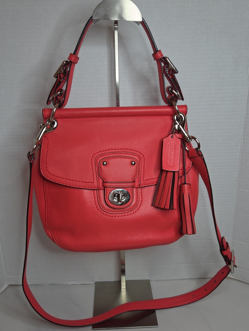 Coach Coral-Red Leather Turnlock Shoulder Bag with Tassel